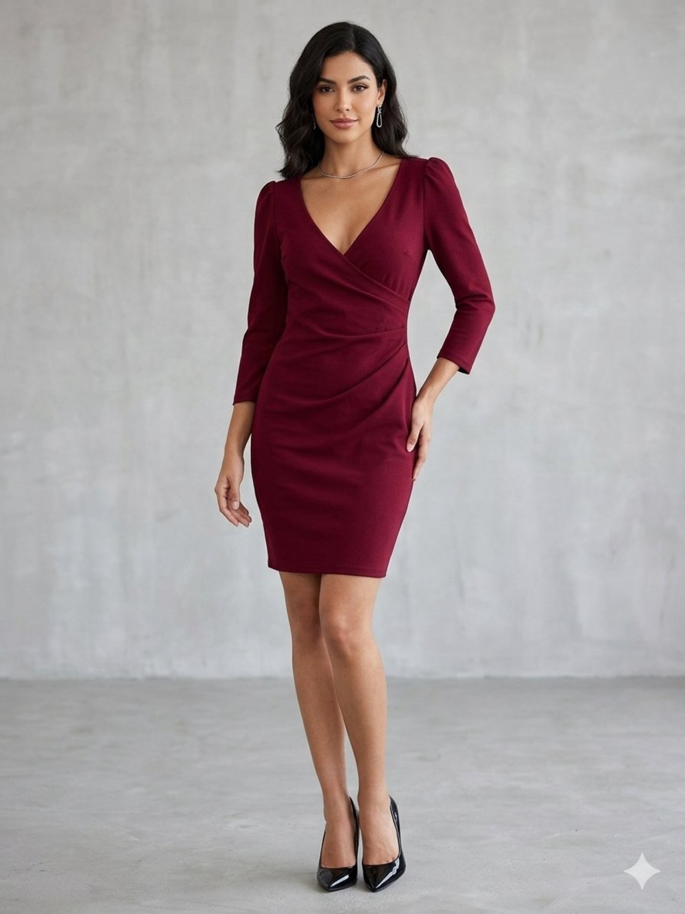 Revamped Burgundy V‑Neck Faux Wrap Mini Dress